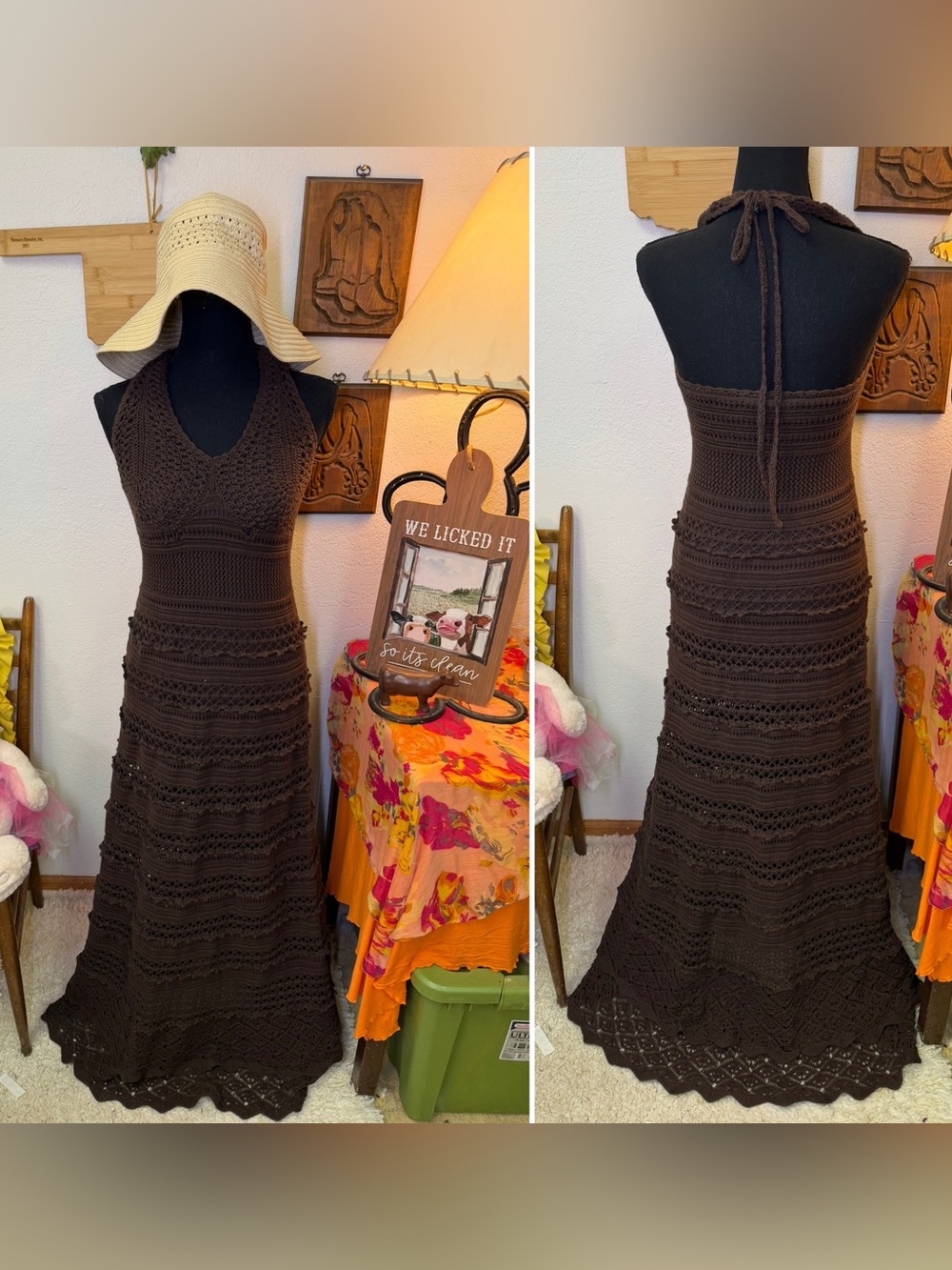 Moda Int Crochet Maxi Dress Halter Knit Boho Festival Beach Hippie MED **FLAWS**